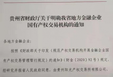 贵州阳光产权交易所关于承办地方金融企业国有产权交易业务的公示